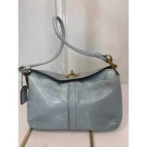 Coach Light Blue Crinkled Patent Leather Turnlock Wristlet Bagette Bag